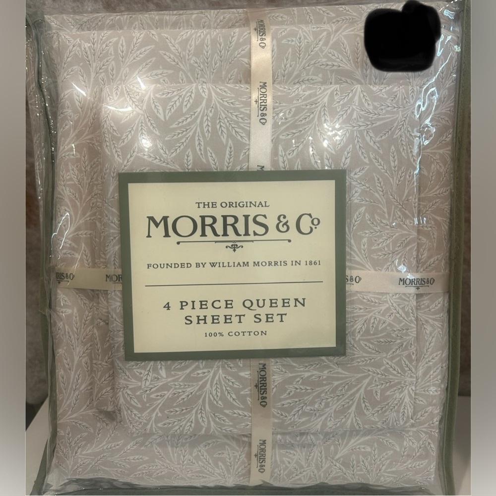 William Morris QUEEN Sheet Set Sheets Natural Taupe White Floral Leaves Tan